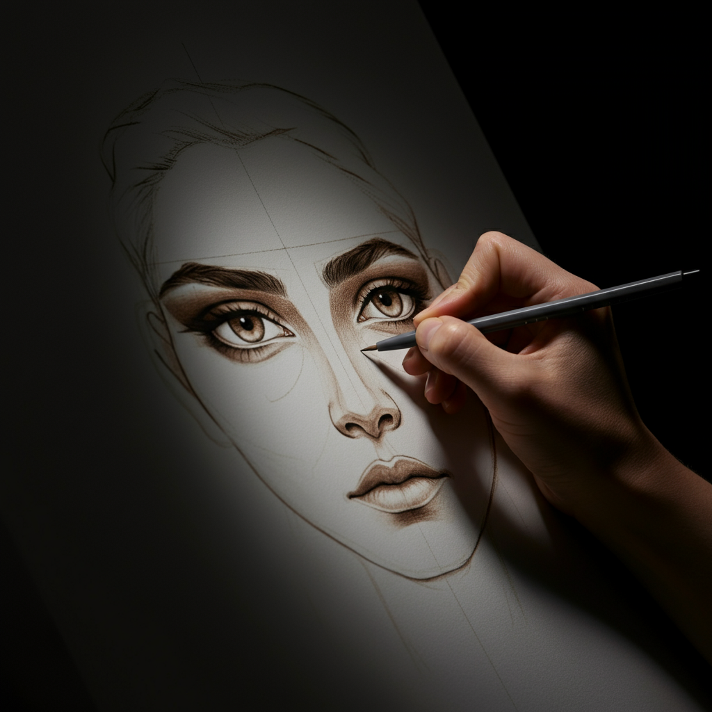 A focused artist carefully sketching almond-shaped eyes within guidelines on a portrait drawing. The lighting is diffused, emphasizing the soft lines and subtle details.