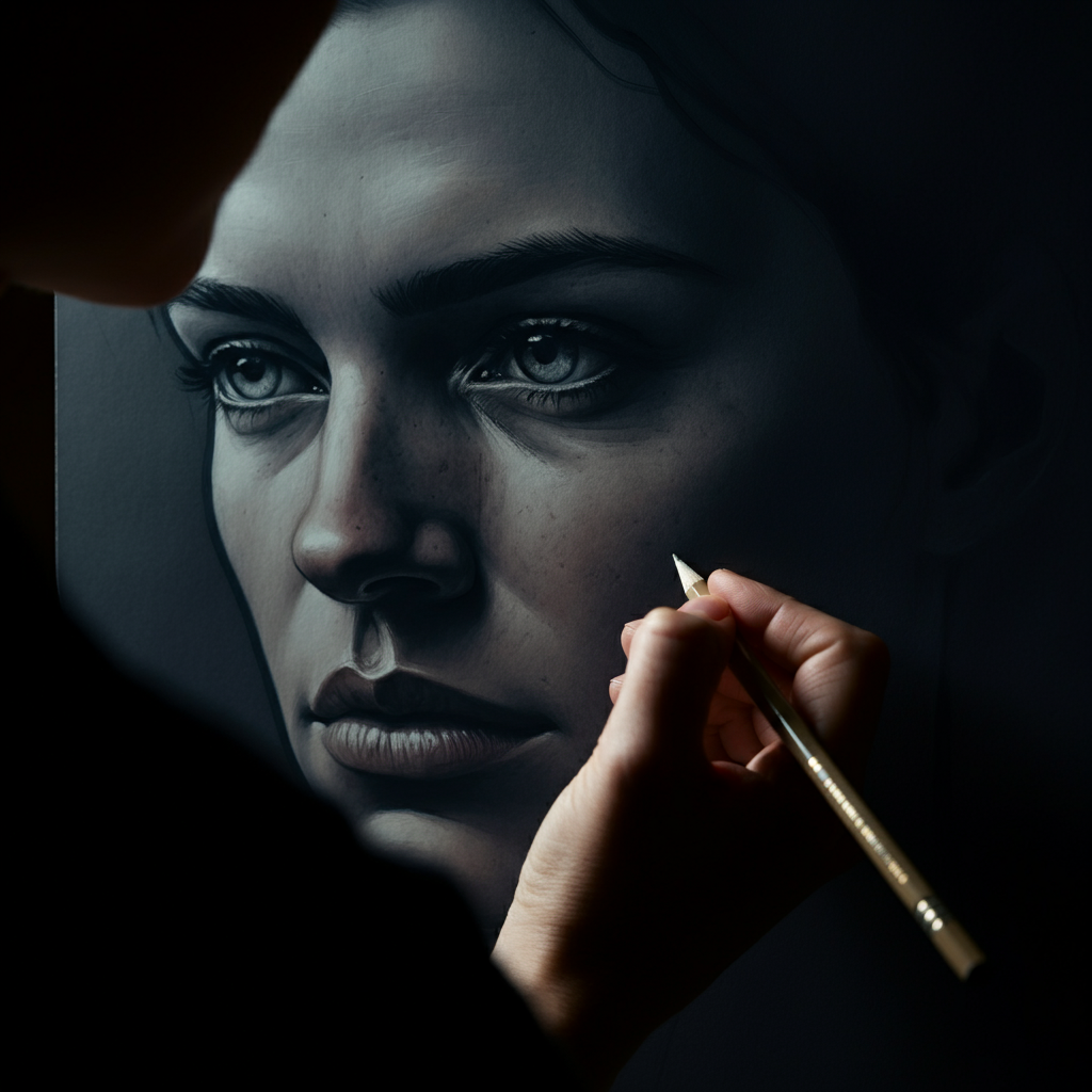 Extreme close-up of an artist adding subtle details to the nose and mouth of a portrait drawing. Soft side lighting reveals the texture of the paper and the delicate pencil strokes.