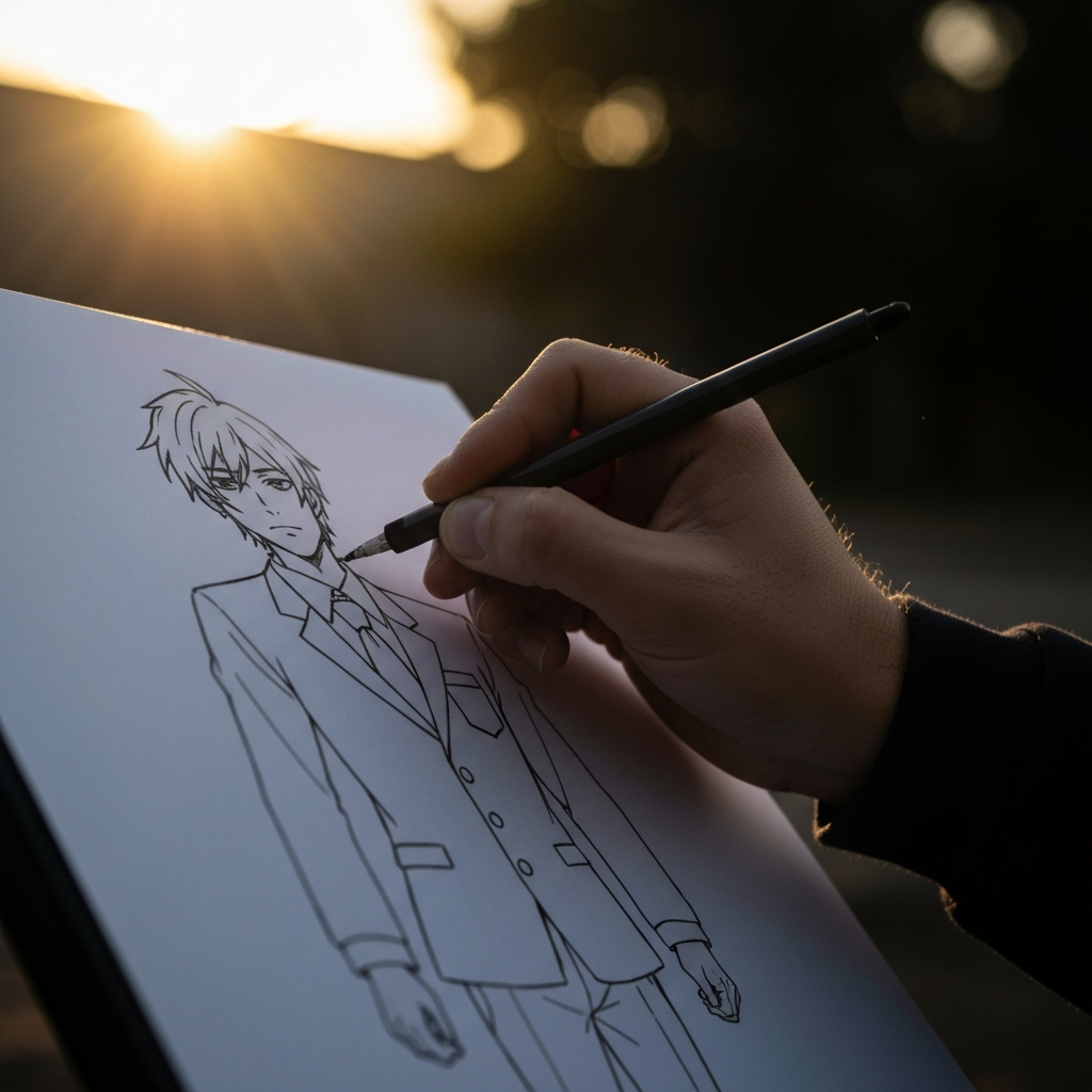 A hand sketching the outline of a school uniform on a character drawing. The light source is behind, creating a sense of depth and highlighting the folds in the fabric.