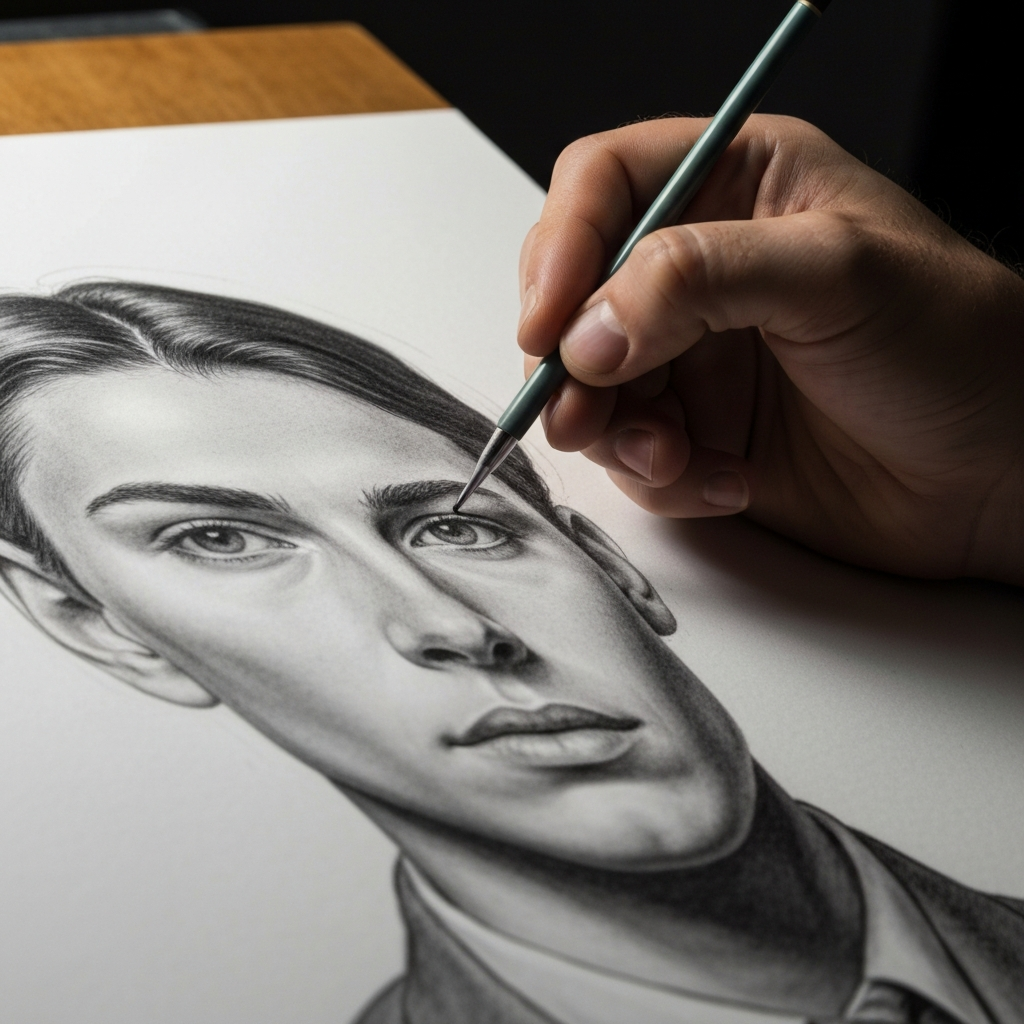 An artist carefully refining the details of a portrait drawing with precise pencil strokes. The lighting is focused, highlighting the hand's delicate movements and the subtle nuances of the artwork.