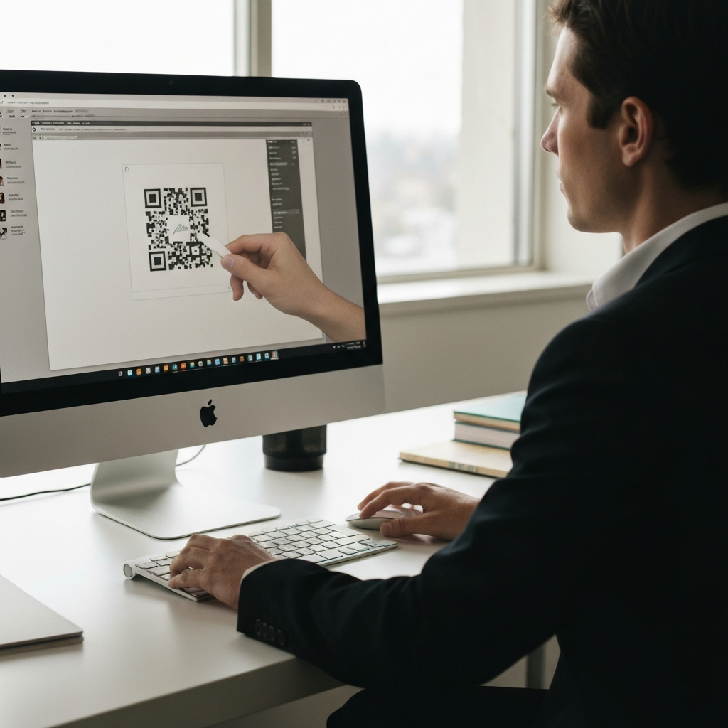 A brightly lit office setting. A person sits at a desk using a computer. The screen shows an image sharpening tool with a blurry QR code being uploaded. Soft natural light streams in from a nearby window, illuminating the keyboard and mouse.
