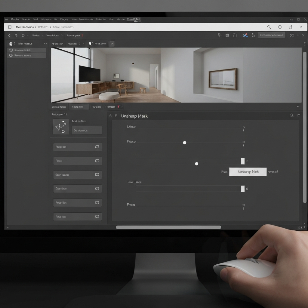 A close-up shot of a computer screen displaying photo-editing software. The "Unsharp Mask" filter settings are visible. Fine adjustments are being made with a mouse. The lighting is neutral and focused on the screen's detail.