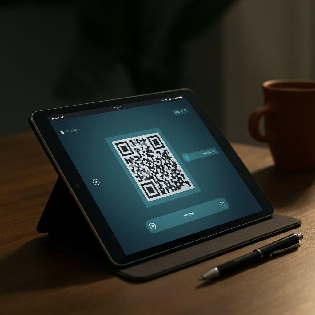 A tablet displaying an upscaled QR code image. The tablet rests on a wooden desk with a pen nearby. The lighting is soft and diffused, showcasing the detail of the screen without glare.