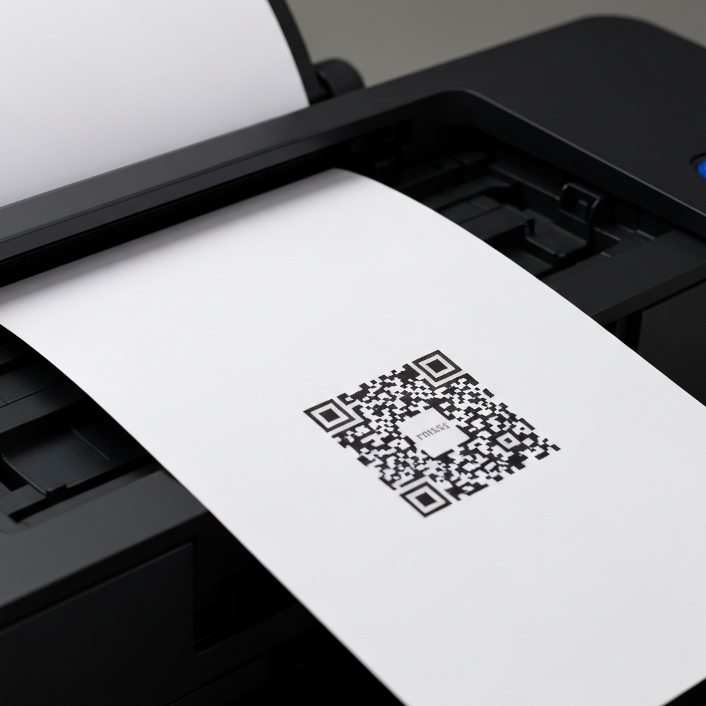 A close-up of a printer ejecting a sheet of paper with a perfectly printed QR code. The printer is a modern laser printer, and the paper is a smooth, matte stock. The lighting is bright and even, showcasing the crisp detail of the QR code.
