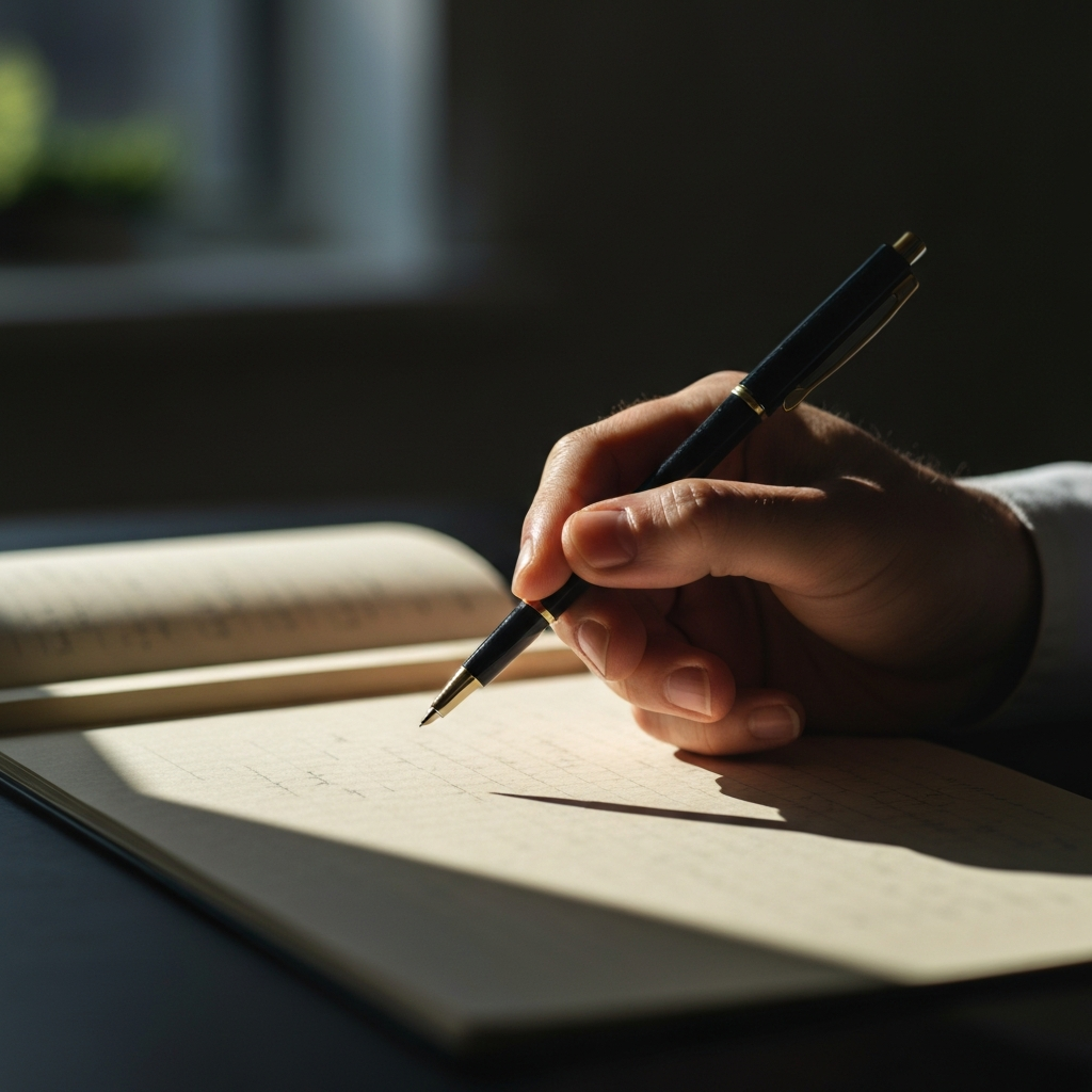 A brightly lit writing studio. A hand holding a pen hovers over a notebook. Sunlight streams in, casting long shadows. Focus on the pen tip and the textured paper.