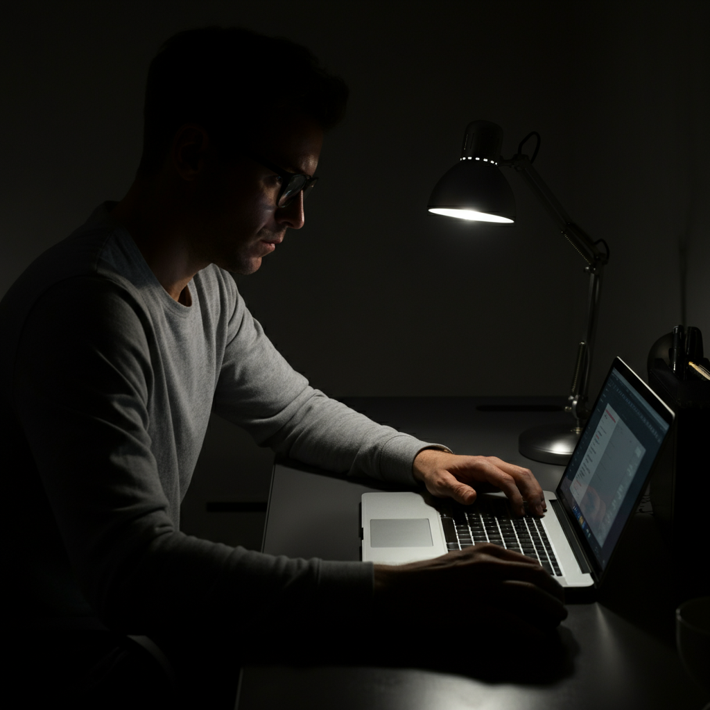 A dimly lit room with a single desk lamp illuminating a figure hunched over a laptop. The room has a muted color palette and textures appear slightly worn. Focus on the keyboard and the person's clenched hand.
