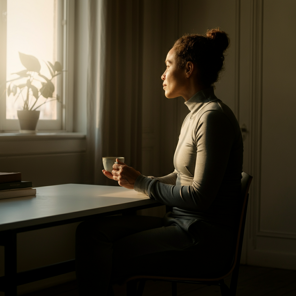 A serene, minimalist office space. A person sits at a clean desk with a cup of tea, looking out a large window with a soft, diffused light. Focus on the calm expression and uncluttered workspace.