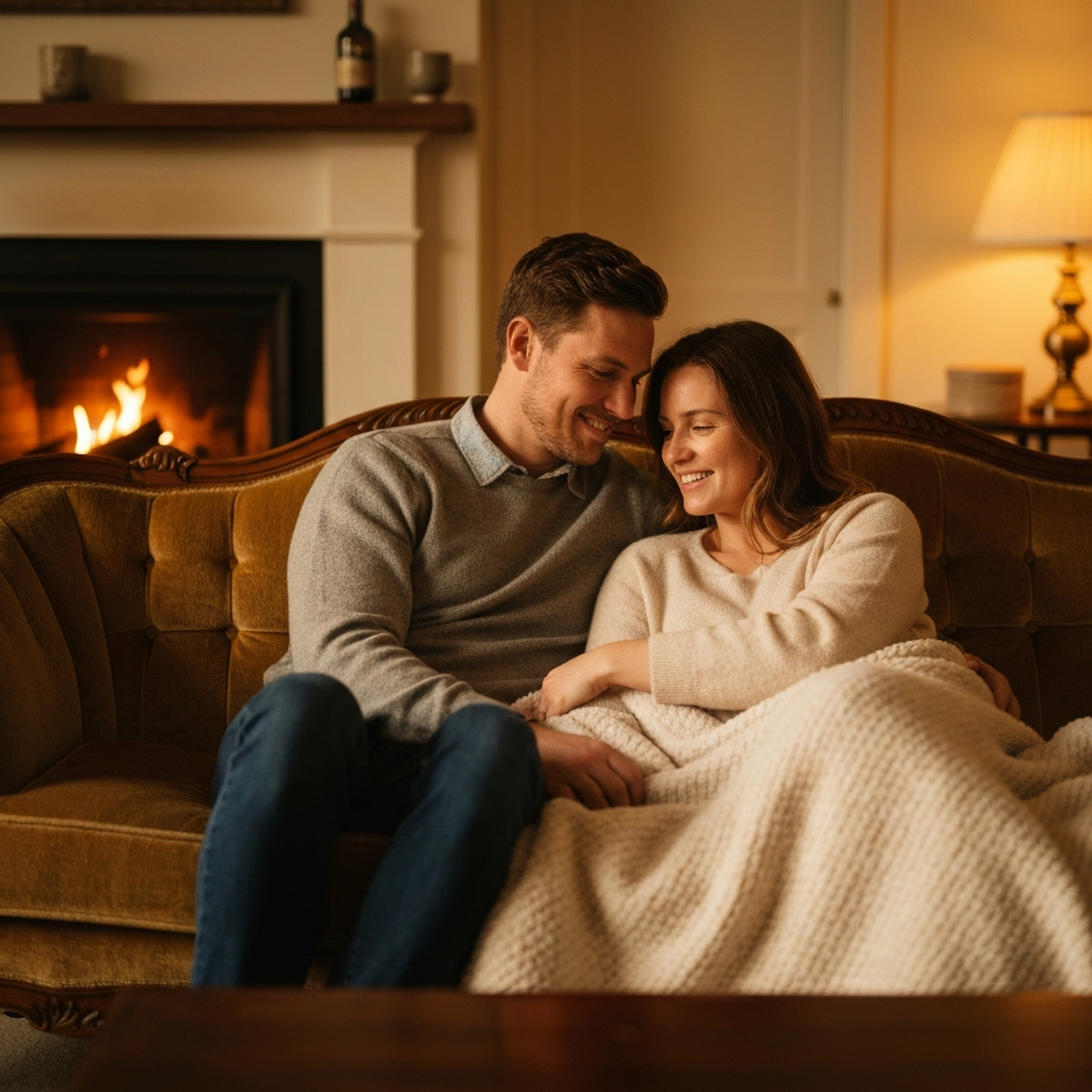 A cozy living room bathed in warm, golden light. Two people are sitting close together on a sofa, sharing a blanket and a smile. Focus on the soft textures of the blanket and the gentle expressions of affection.