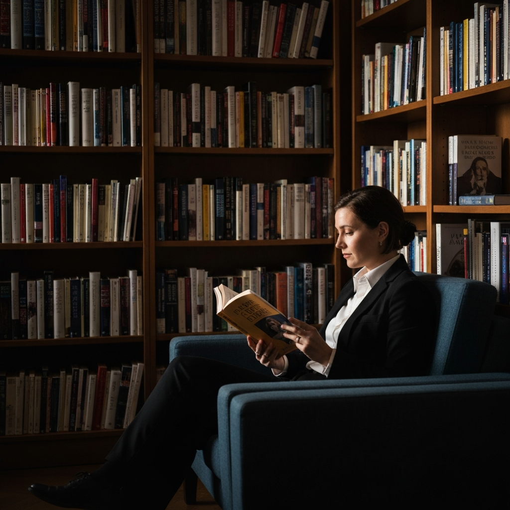 A well-stocked library with warm lighting and comfortable seating. A person is engrossed in a book, with a soft, focused expression. Focus on the book cover and the surrounding shelves.