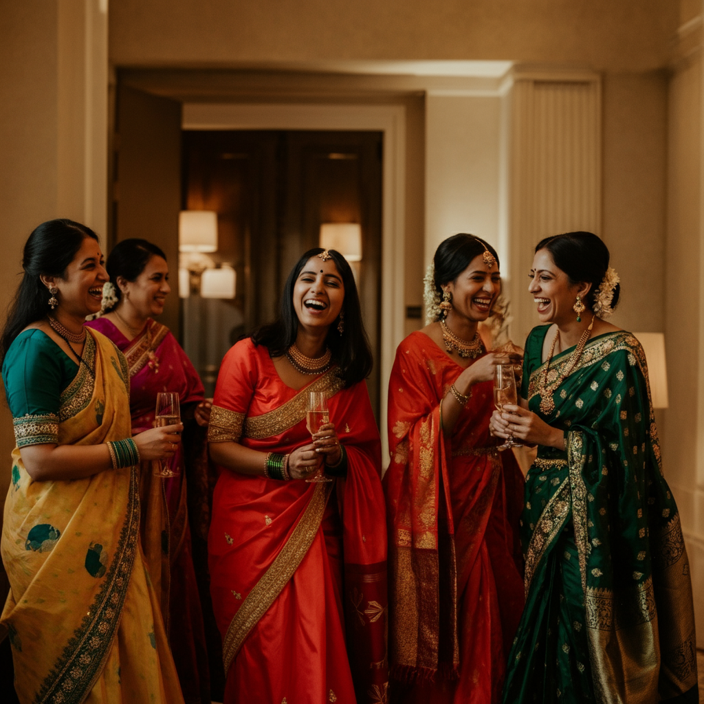 A vibrant Indian wedding reception scene. Several women in colorful saris are laughing and talking. The scene is captured with shallow depth of field, emphasizing the intricate embroidery of the saris and the joyous atmosphere.