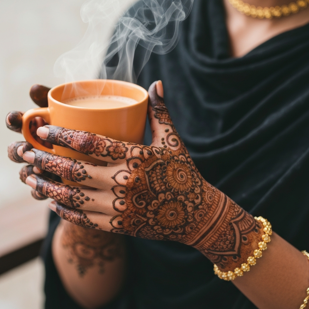 A close-up shot of a woman's hands adorned with intricate henna designs. She is holding a cup of chai. Soft, diffused light highlights the texture of the henna and the steam rising from the cup.