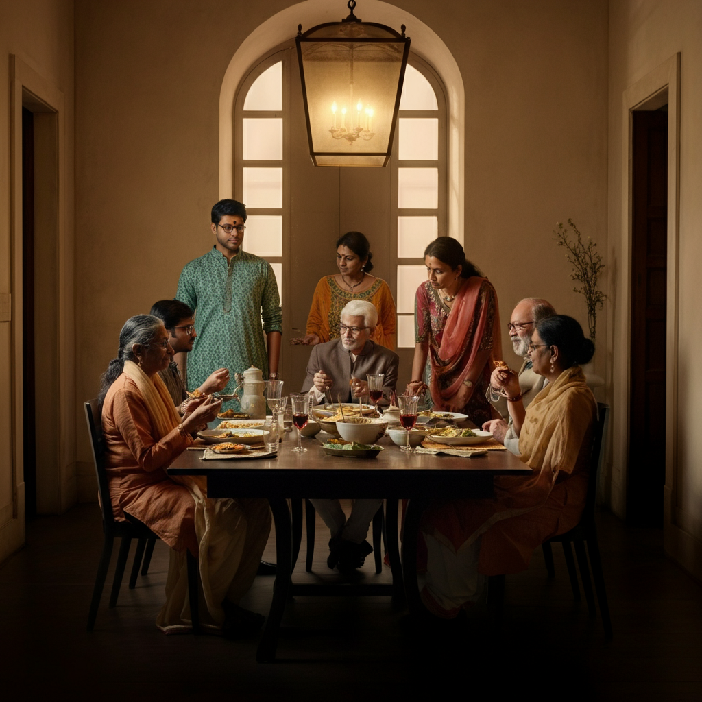A diverse group of people, including individuals of Indian and non-Indian descent, are gathered around a table, sharing a meal. The scene is captured with natural lighting and a focus on genuine interaction and connection.