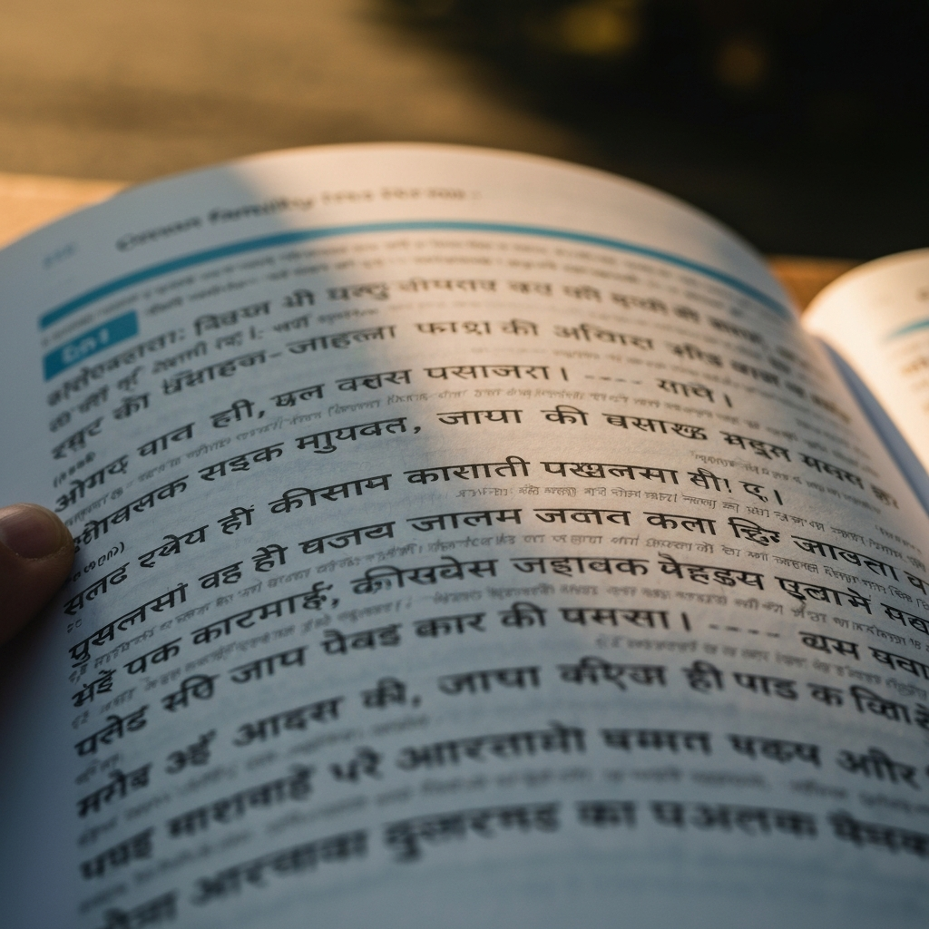A close-up shot of a Hindi language textbook, open to a page with common family terms. The lighting is bright and clear, highlighting the Devanagari script.
