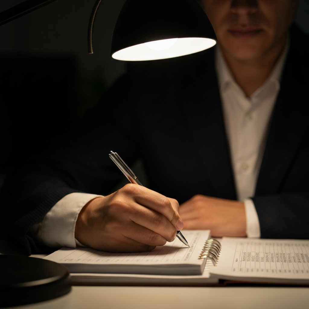 Close-up of a hand writing figures in a budget planner, illuminated by a desk lamp. Soft focus on the background showing a financial spreadsheet.