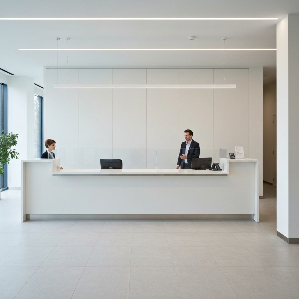 Wide shot of a brightly lit, modern office space. A person in professional attire is talking to a bank teller across a clear counter.