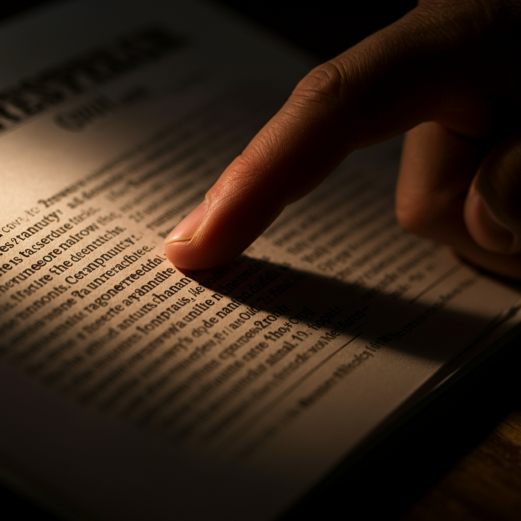 Extreme close-up of the text within an annuity contract, side-lit to highlight the paper texture. A finger is pointing to a specific clause.