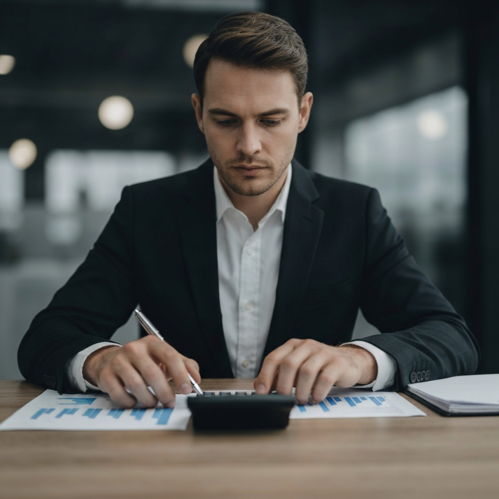 A serious-looking person sitting at a desk, using a calculator to review financial documents. Soft bokeh in the background.