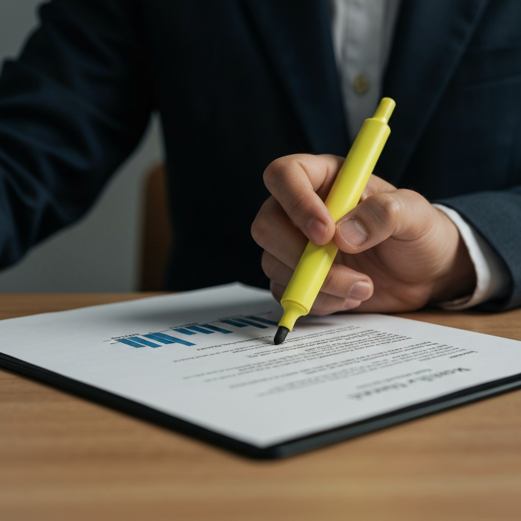 Medium shot of a hand highlighting a section of a document with a yellow highlighter. The document appears to be a financial report or annuity statement.