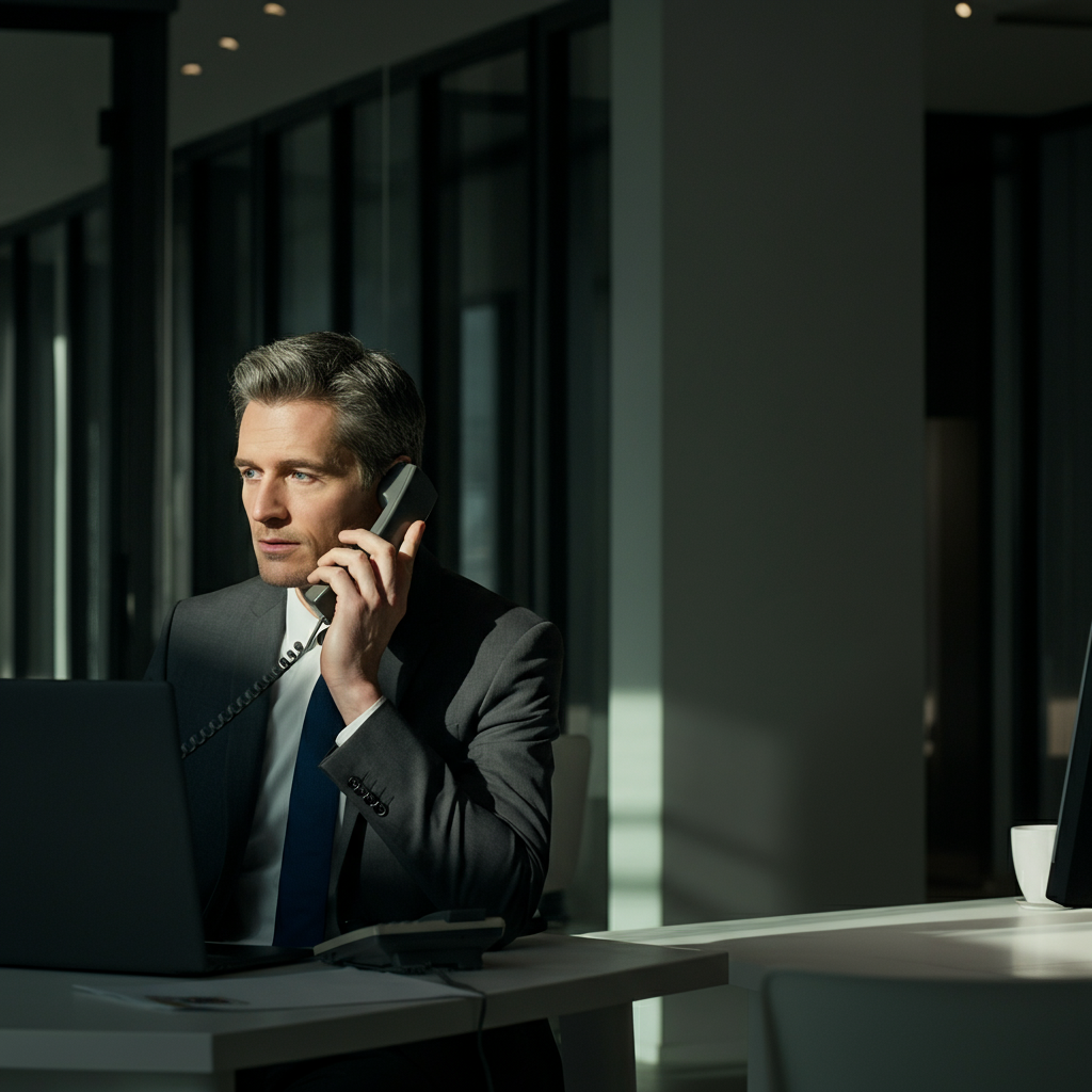 A person in a business suit speaking on a telephone in a well-lit office. The background is slightly blurred.