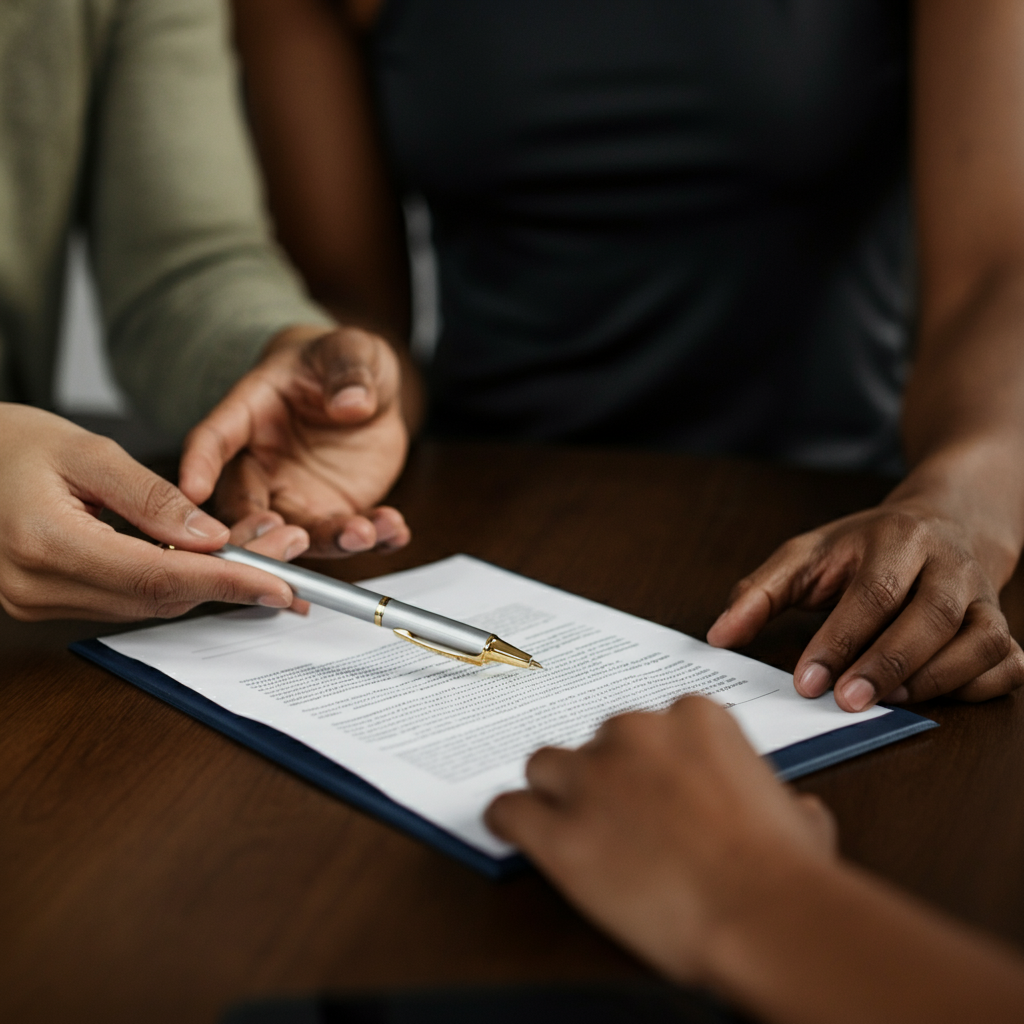 Close-up of hands exchanging a contract across a table. The focus is on the contract and hands, with a blurred background.