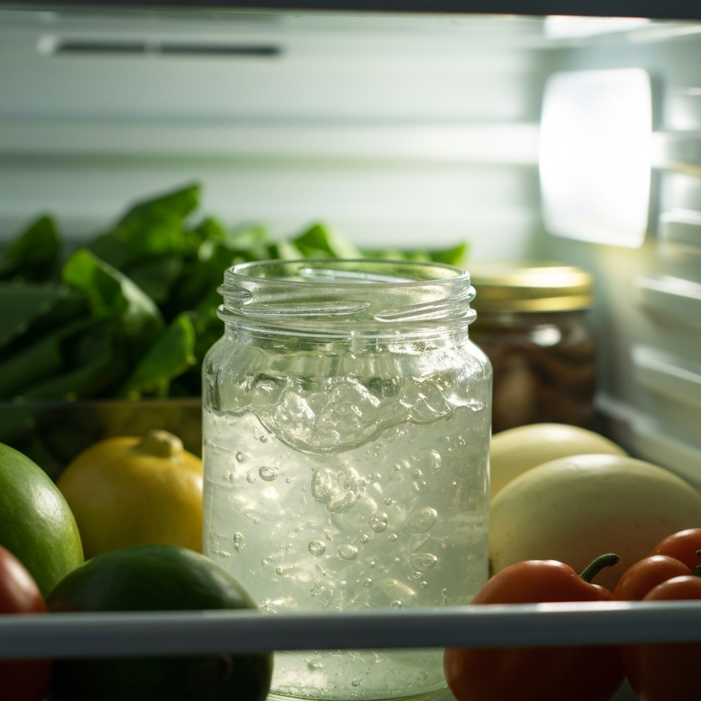 A clear glass jar filled with translucent aloe vera gel sits inside a well-lit refrigerator. The jar is slightly dewed. Soft, natural lighting streams from the refrigerator's internal light, highlighting the gel's texture. Other fresh produce surrounds the jar in the background, slightly out of focus.
