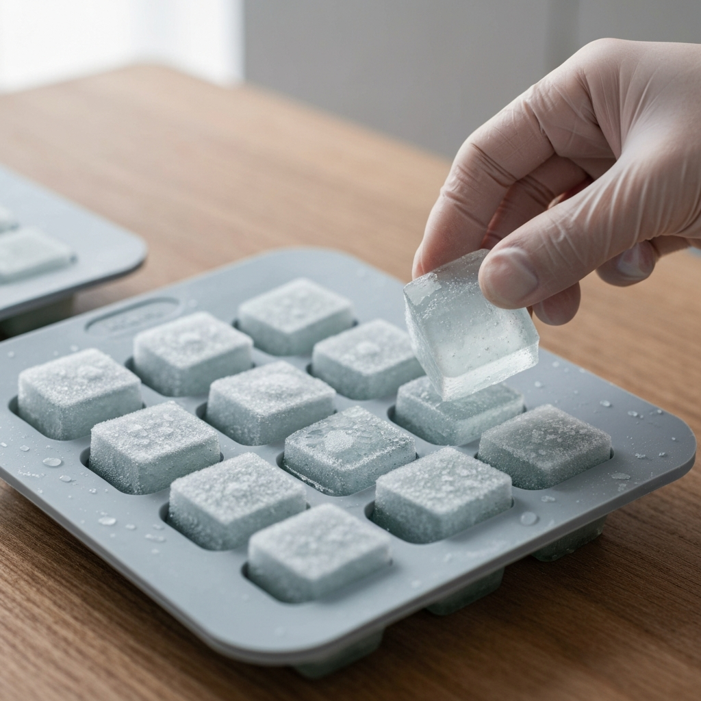 A silicone ice cube tray filled with frozen aloe vera gel cubes. Frost lightly covers the surface of the cubes. The tray is side-lit, showcasing the individual cube shapes and the icy texture of the gel. A gloved hand carefully removes a cube from the tray.