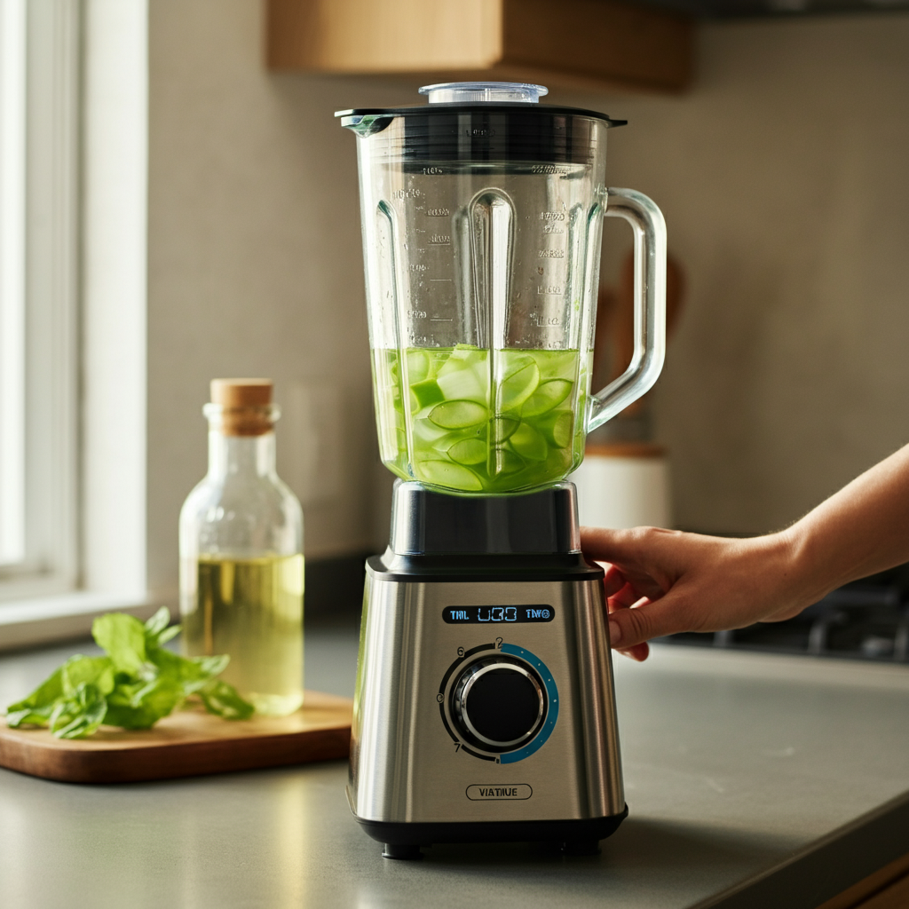 A stainless steel blender on a kitchen counter, partially filled with a light green liquid (aloe vera and vitamin C mixture). Soft, diffused light fills the kitchen, reflecting off the blender's surface. A hand reaches towards the blender's controls.