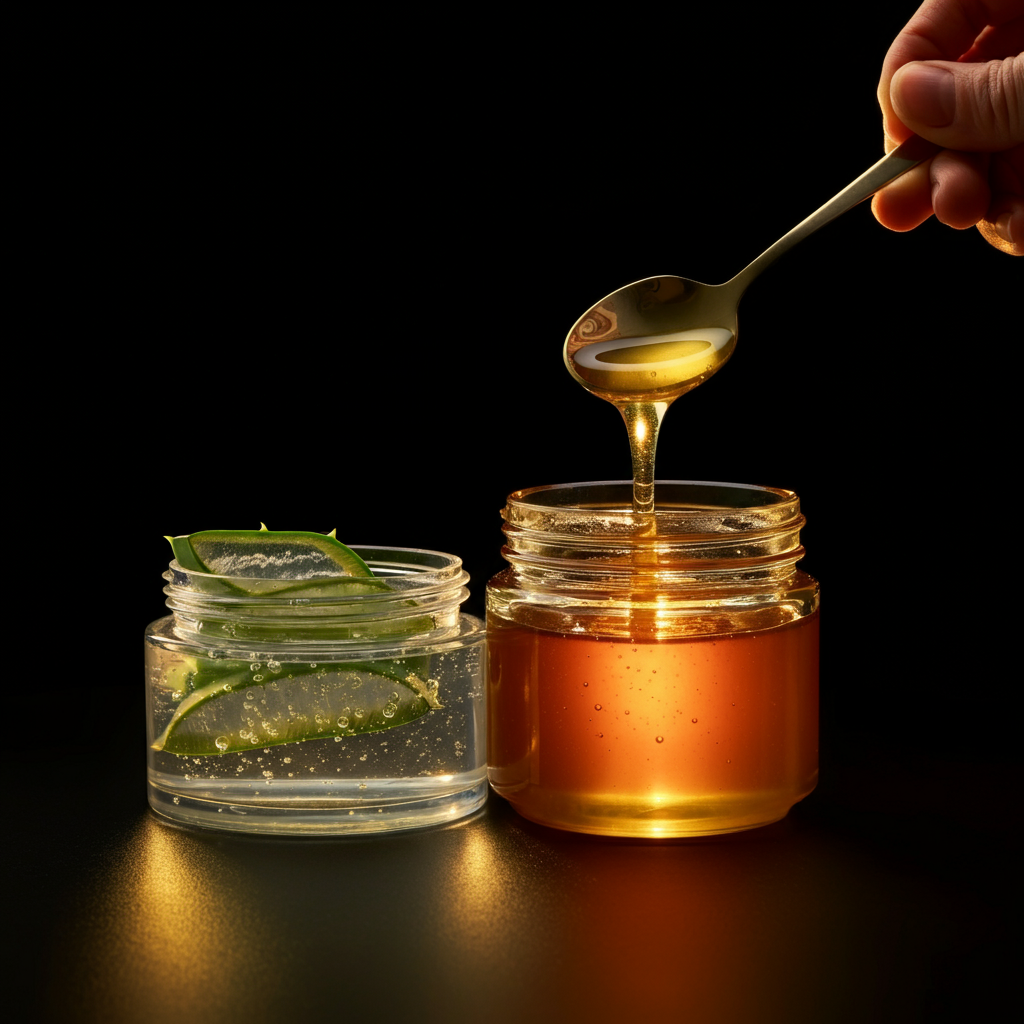 A close-up shot of a honey jar next to a container of clear aloe vera gel. Golden light illuminates the honey, highlighting its viscous texture. A spoon is gently scooping honey, ready to combine it with the gel.