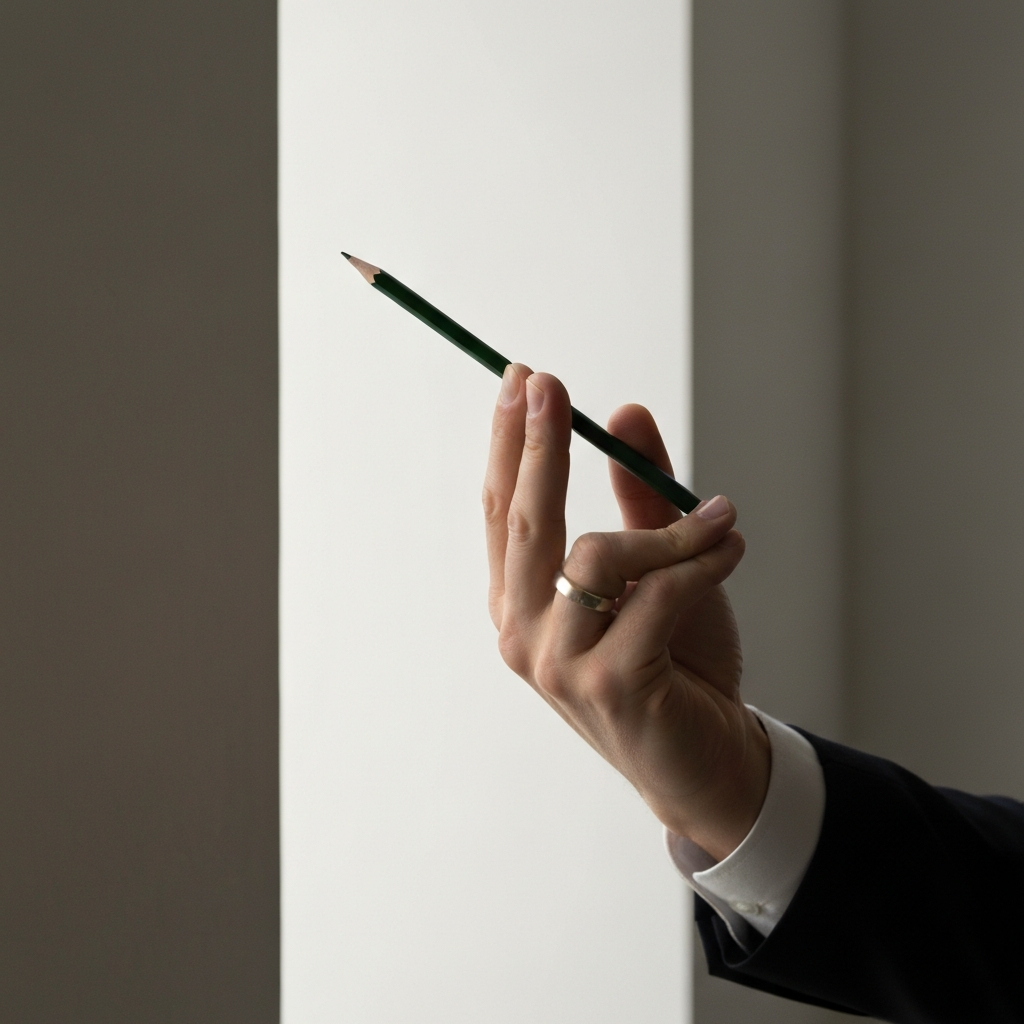 A hand shown mid-spin, ring finger actively moving towards the palm. The pencil is blurred, indicating motion. Side-lit, emphasizing the dynamic movement of the fingers.