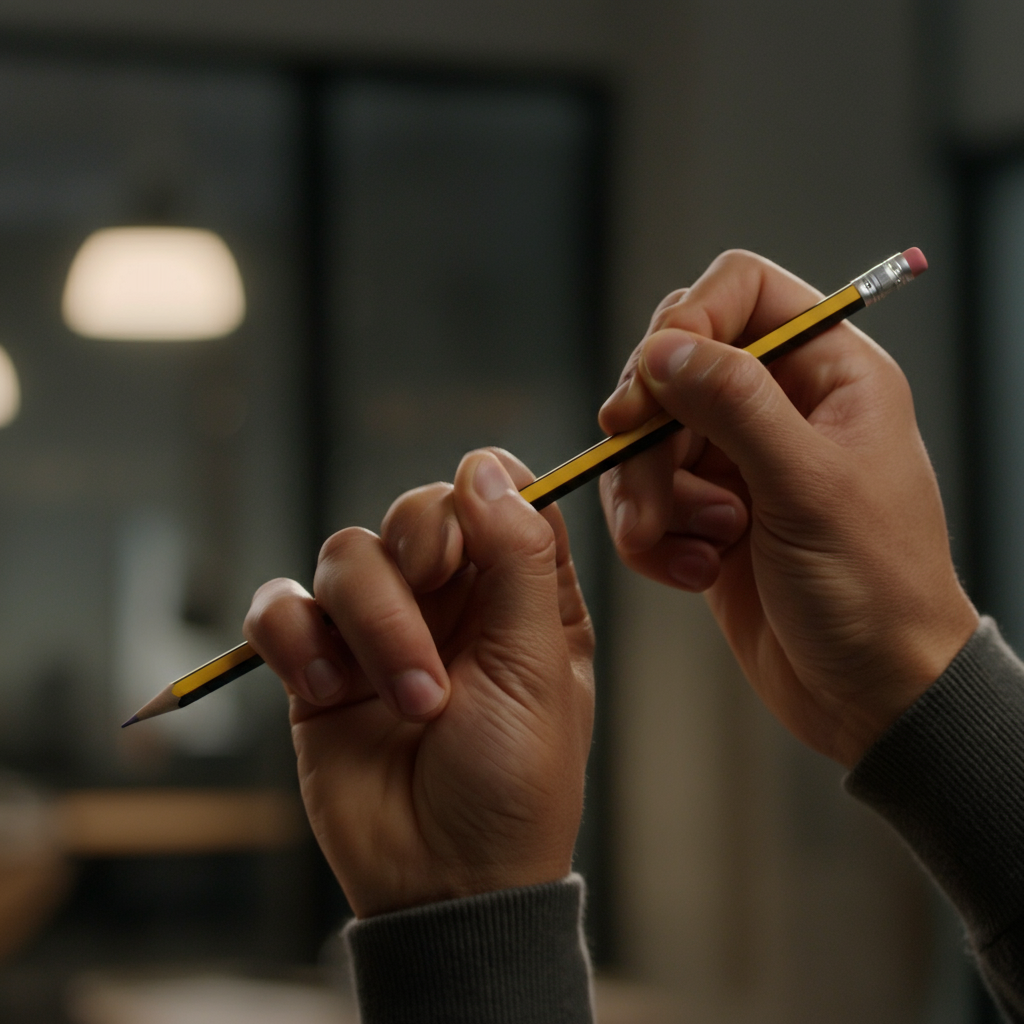 A hand displaying the correct thumb and pointer finger positioning while the pencil is mid-spin. The background is a blurred office environment. Focus is on the hand and pencil, showing the relative positions of each finger.