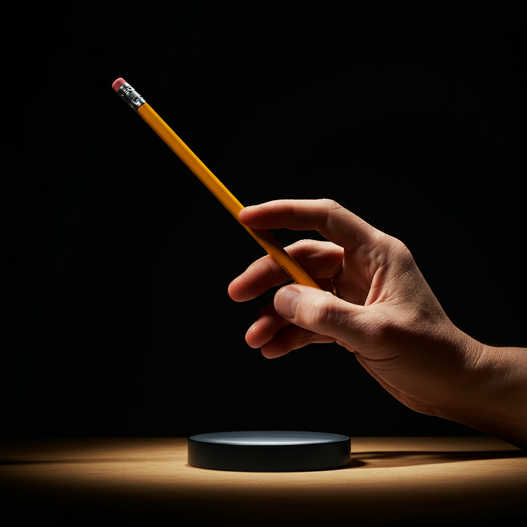 A hand catching the pencil mid-air using the ring finger, bathed in warm, natural light. The pencil is slightly blurred to convey movement. The composition emphasizes the moment of contact.