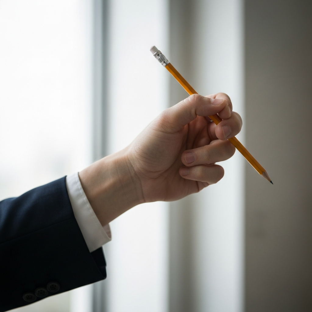 The hand positioned to continue the spin, pencil held securely. The composition leads the eye towards the next potential movement. Soft bokeh in the background.