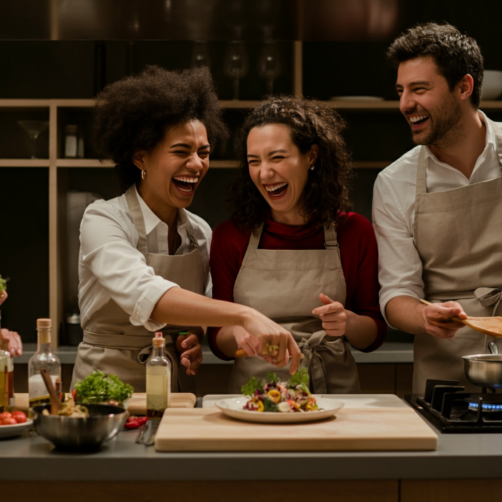 A diverse group of people laughing and enjoying a cooking class, preparing a vibrant and exotic dish. Soft overhead lighting highlights the textures of the ingredients.