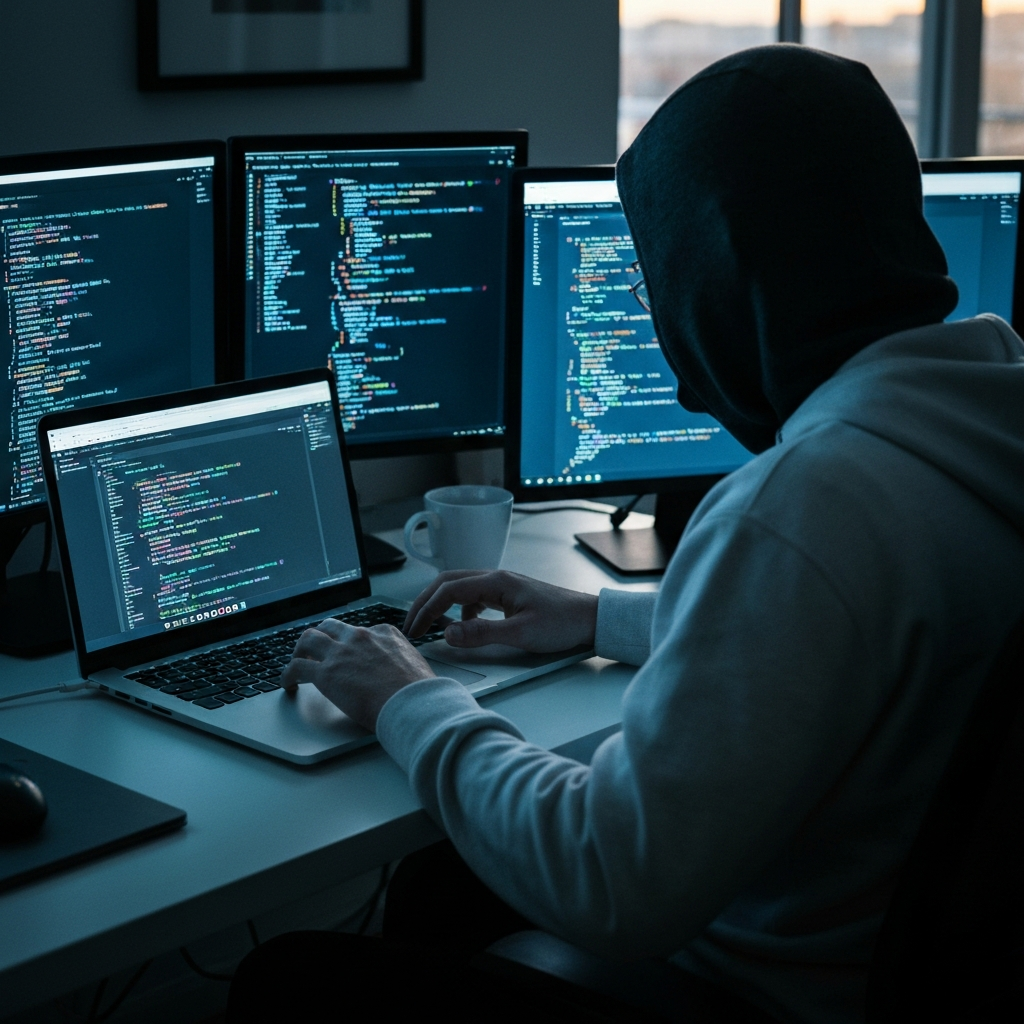 A person is intensely focused on a laptop, coding with multiple screens displaying complex lines of code. The workspace is organized and illuminated by a cool, professional light.
