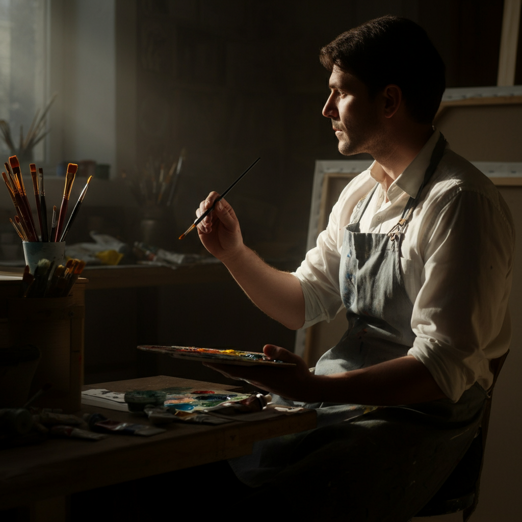 An artist's studio filled with canvases, paintbrushes, and various art supplies. Soft, natural light streams through a large window, illuminating a partially finished painting.