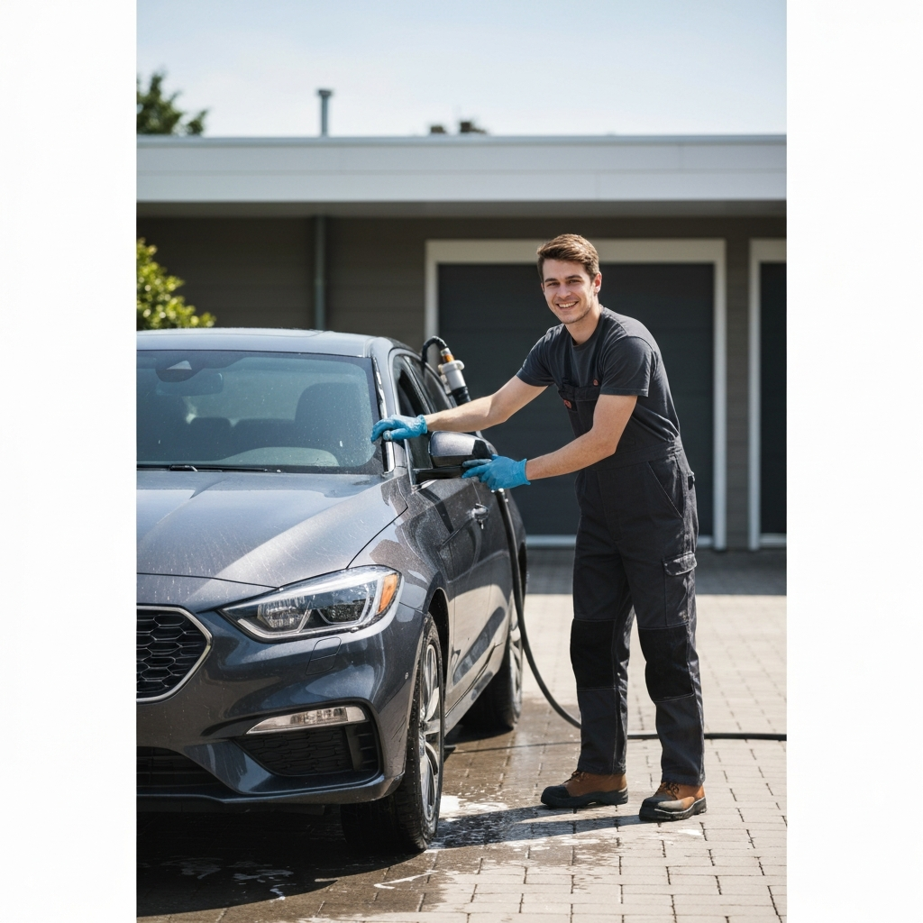 A young adult is washing a car in a driveway on a sunny day. The car is gleaming, and the person is smiling, wearing appropriate work attire.
