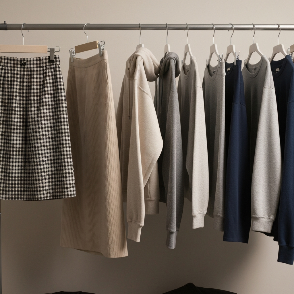 A well-lit room with various clothing items neatly displayed on a clothing rack - skirts, hoodies, socks, and tops. Soft, diffused lighting creates a welcoming atmosphere. The camera focuses on the textures of the fabrics.