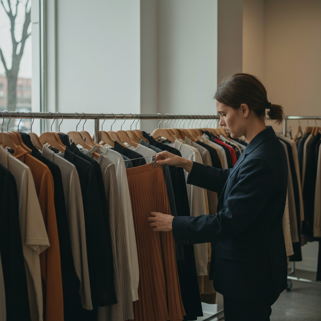 A person browsing through a rack of clothes in a thrift store. Natural light streams through the window, highlighting the different colors and textures of the garments. The person is carefully examining a pleated skirt.