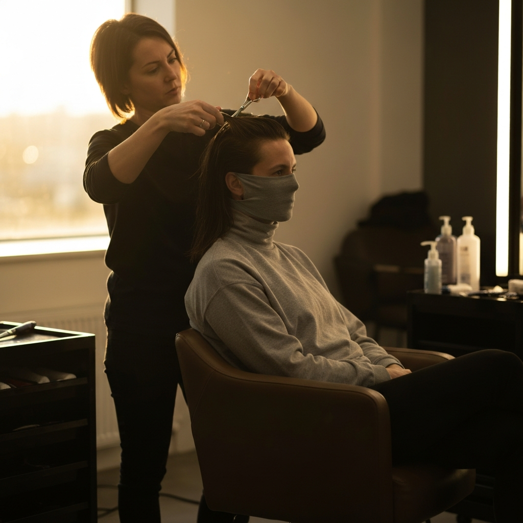 A person sitting in a salon chair, getting their hair styled. The stylist is carefully shaping the hair with scissors. Soft, ambient lighting creates a relaxing atmosphere.