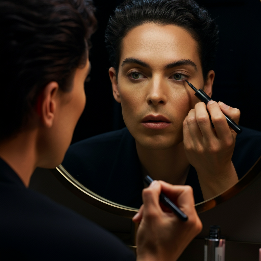 A person applying eyeliner in front of a well-lit vanity mirror. The lighting is soft and even, illuminating the face clearly. The camera focuses on the precision of the application.