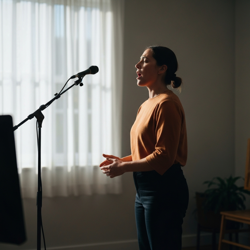 A person practicing vocal exercises in a quiet room. The lighting is natural and diffused, creating a comfortable and focused atmosphere. The person is standing tall with good posture.