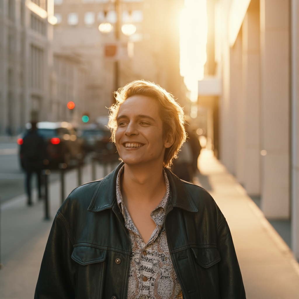 A person smiling confidently while walking down a city street. The golden hour lighting creates a warm and inviting atmosphere. The person is dressed in a stylish femboy outfit and carrying themselves with poise.