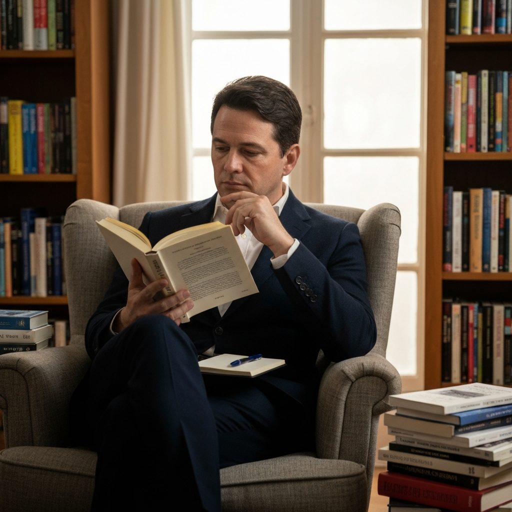A well-lit home library. A person sits in a comfortable armchair, surrounded by books on various topics. They are holding a book and deep in thought, with a pen and notebook nearby for taking notes. Soft bokeh in the background.