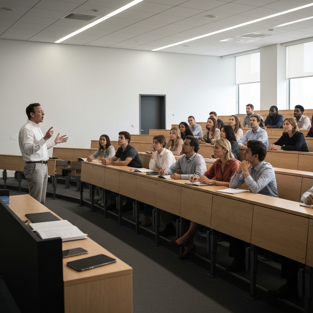 A university lecture hall. A professor is giving a passionate lecture to a diverse group of students. The students are attentively listening and taking notes. The lighting is bright and focused on the professor.
