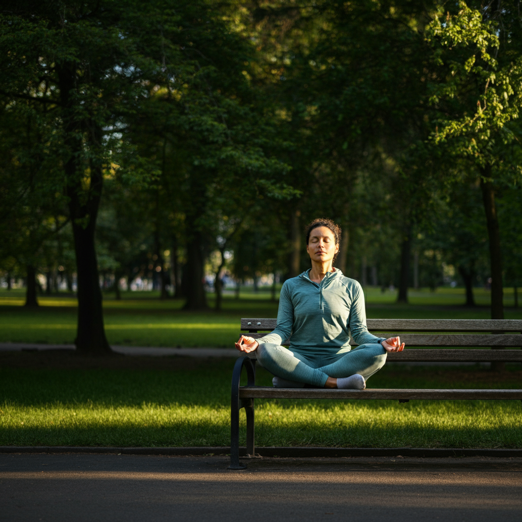 A serene park. A person is sitting on a park bench, eyes closed, practicing mindfulness meditation. The surrounding trees are lush and green. Golden hour lighting creates a warm and peaceful atmosphere.