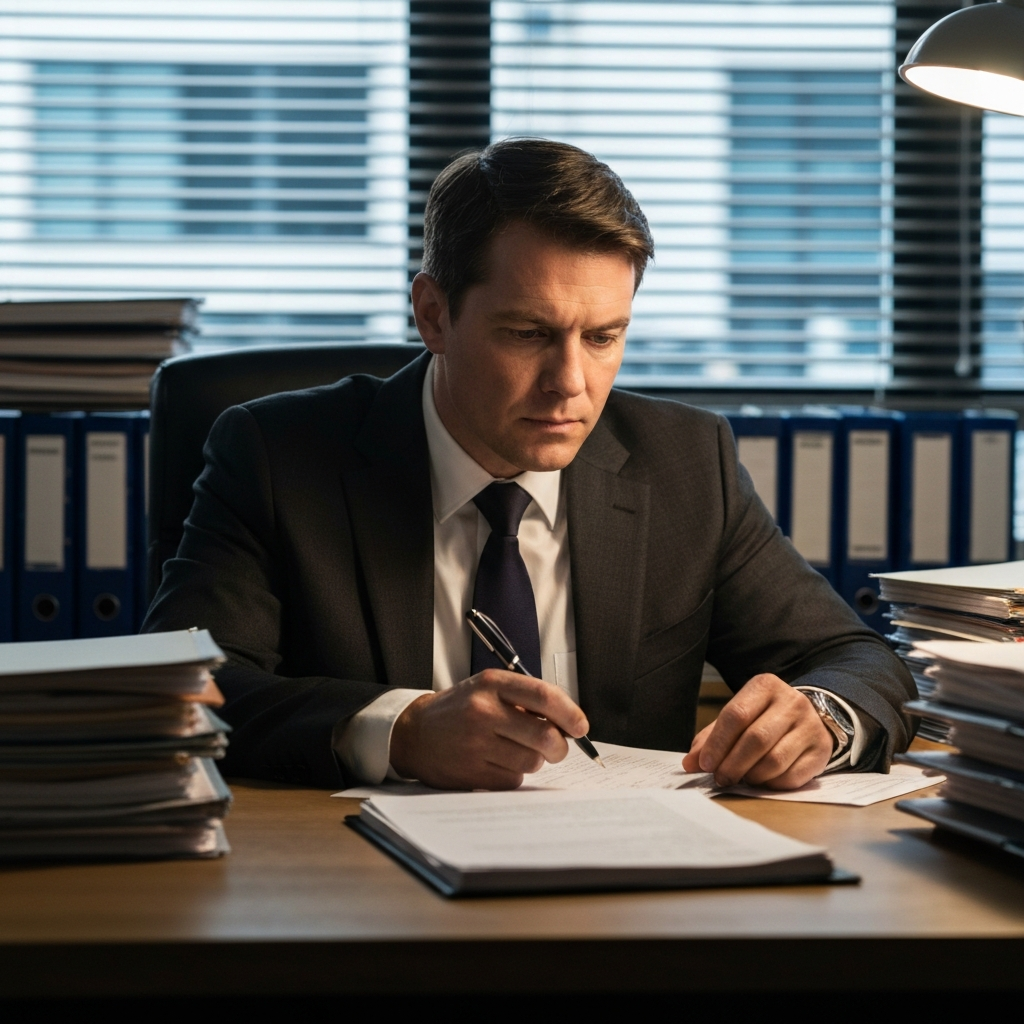 A detective's office. The detective is surrounded by files and documents, carefully analyzing evidence. The lighting is focused and intense, highlighting the detective's concentration.