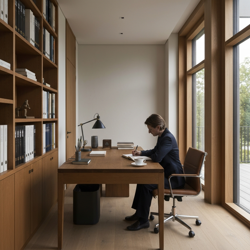 A quiet study. A person is sitting at a desk, writing in a journal. The room is softly lit, creating a peaceful and contemplative atmosphere. A cup of tea sits nearby.