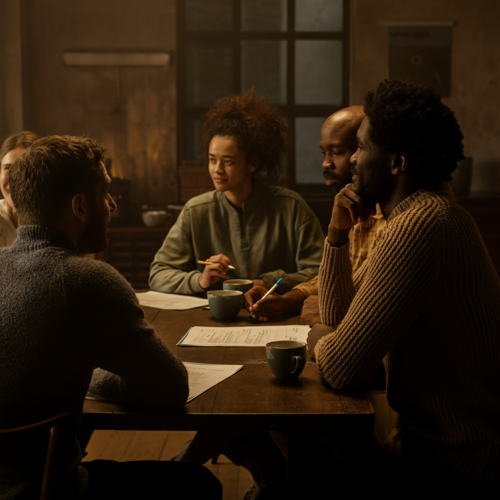 A group of diverse individuals sitting around a table, engaged in a lively discussion. The atmosphere is friendly and open. The lighting is warm and inviting.