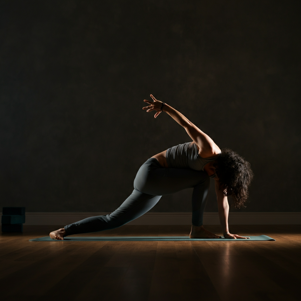 A yoga studio. A person is performing a yoga pose with focus and grace. The room is filled with soft, natural light. The atmosphere is calm and peaceful.