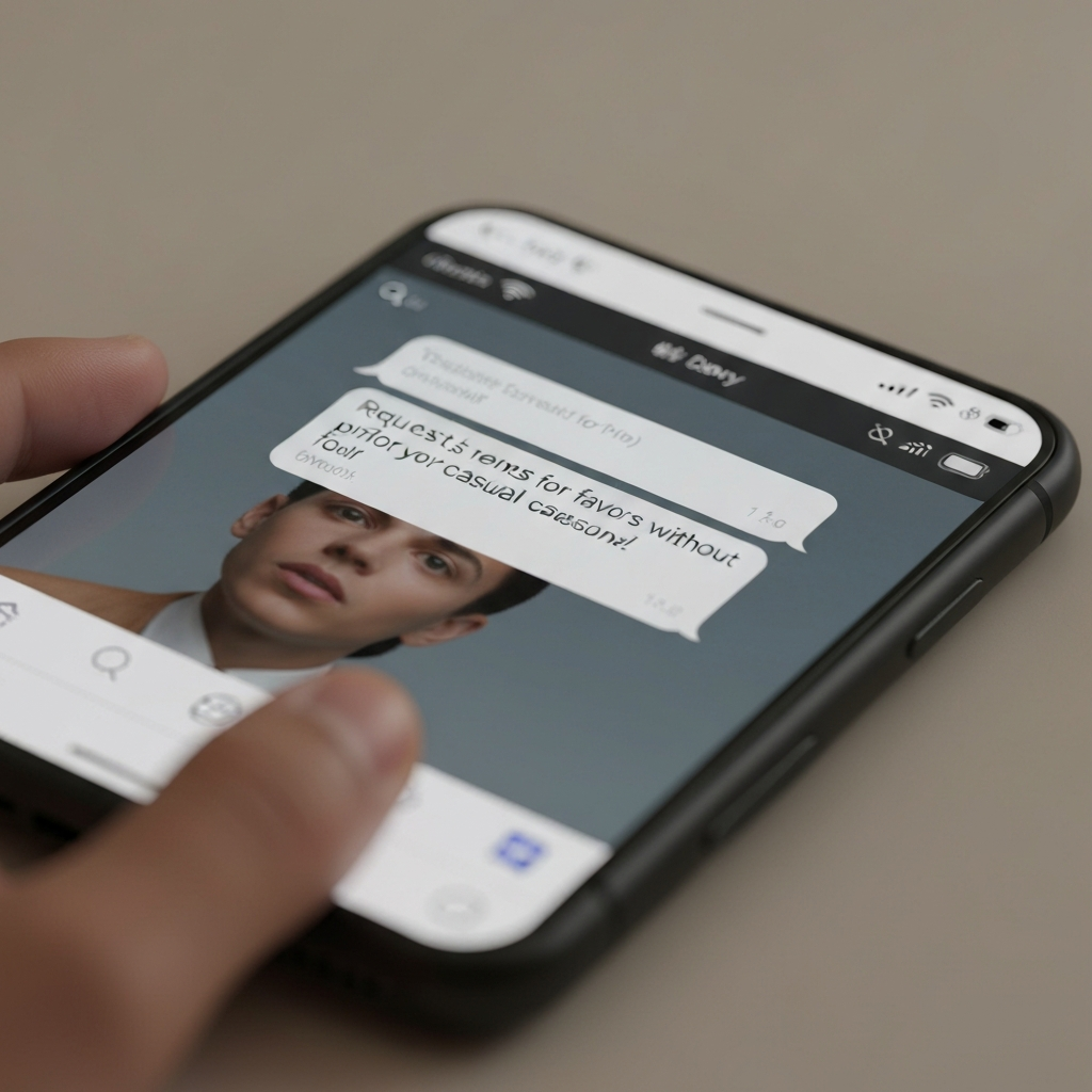 A close-up shot of a smartphone displaying a text message exchange. The lighting is soft, diffused, and the focus is on the text bubbles, showing requests for favors without any prior casual conversation.